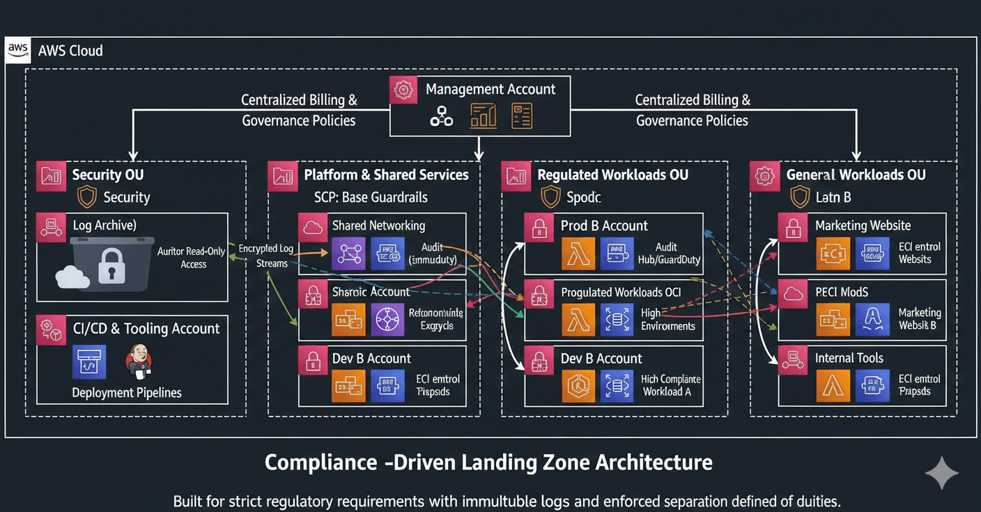 Compliance-driven landing zone diagram showing strict separation between security, platform/shared, regulated workloads, and general workloads.
