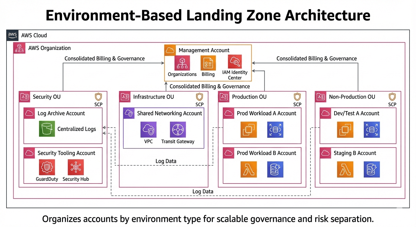Environment-based landing zone diagram showing Security, Infrastructure, Production, and Non-Production organizational units.