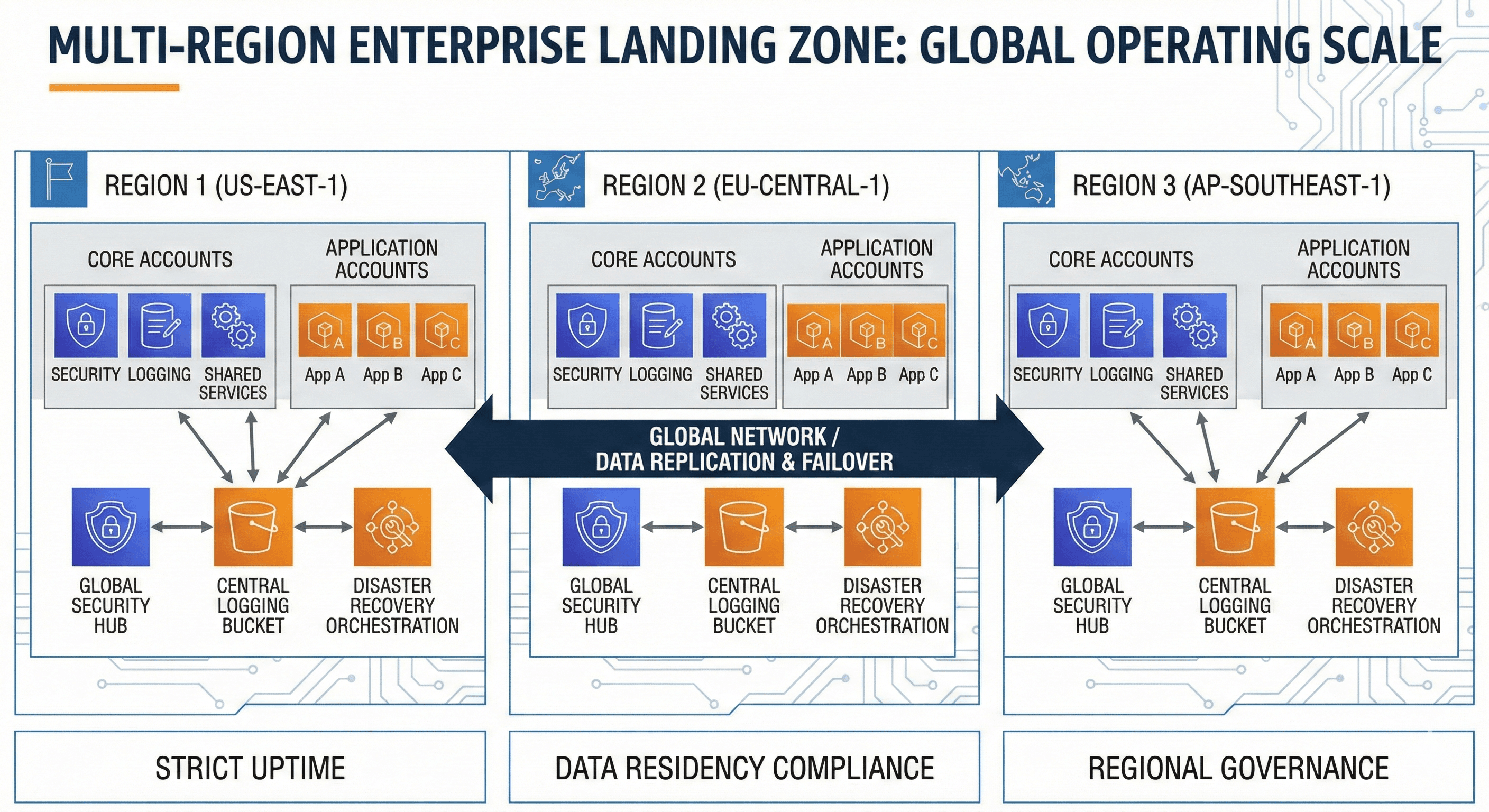 Multi-region enterprise landing zone diagram showing core accounts and application accounts replicated across regions with global networking and failover.
