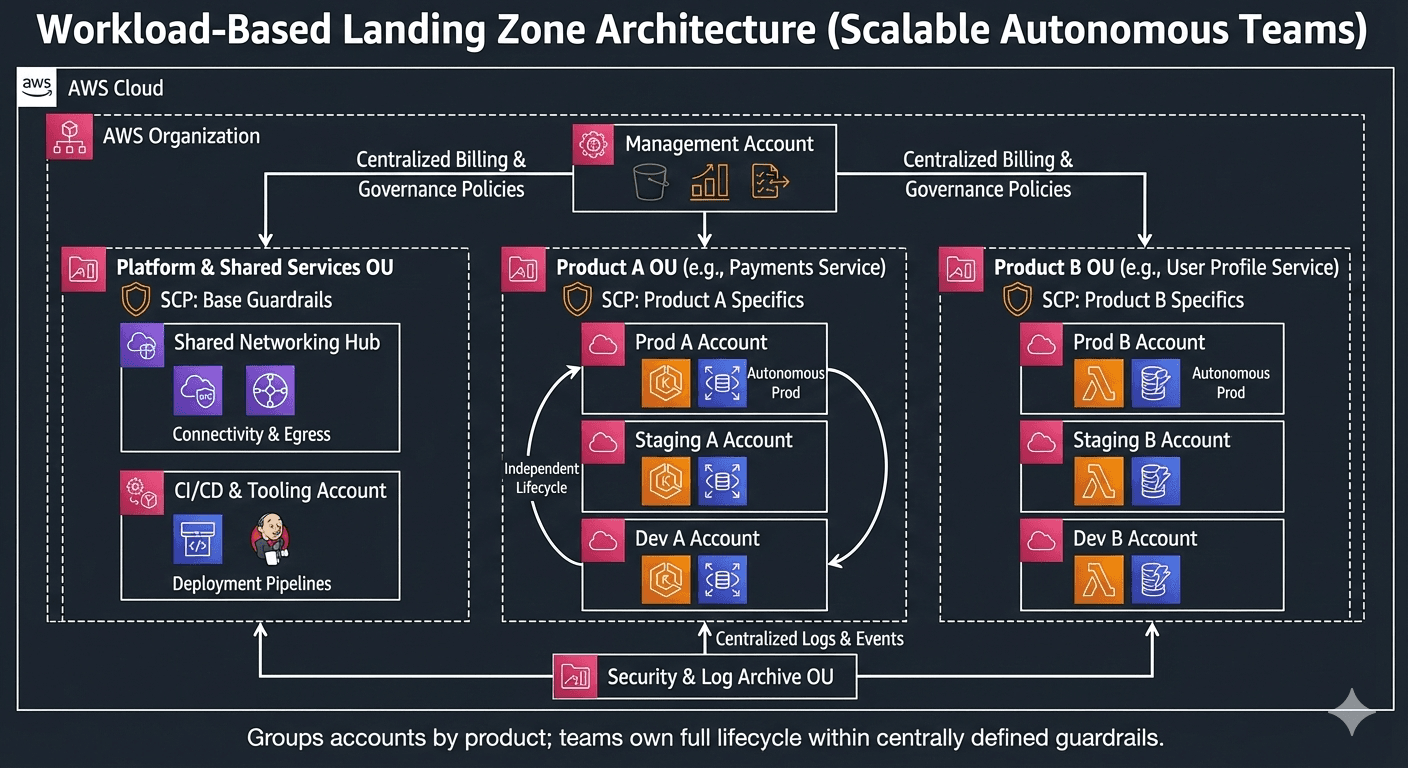 Workload-based landing zone diagram showing shared platform OU and multiple product organizational units with separate accounts.