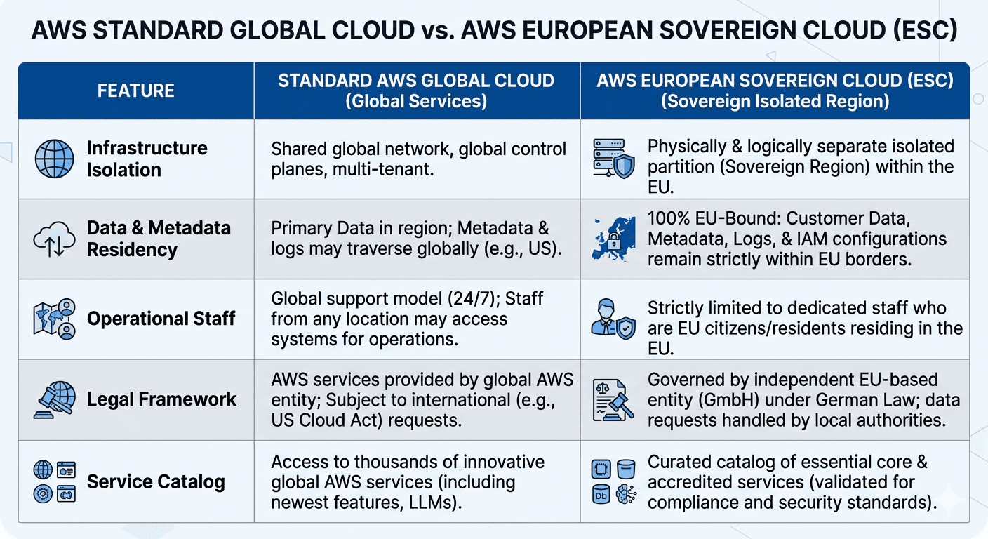 Comparison table: AWS Standard Global Cloud vs. AWS European Sovereign Cloud (ESC) across isolation, data residency, staff, legal framework, and service catalog.